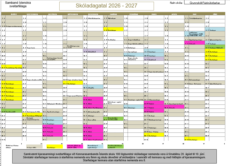 Skóladagatal Grunnskóla Fáskrúðsfjarðar 2026-2027