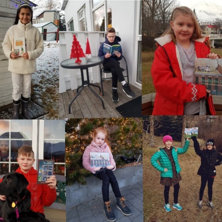 Hér má sjá alla vinningshafna í keppninni. Katrín er í rauðu úlpunni.